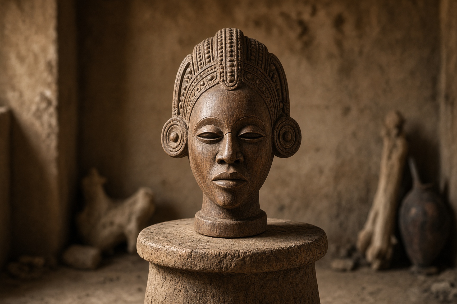 A carved wooden head on a quiet stool, warm light.
