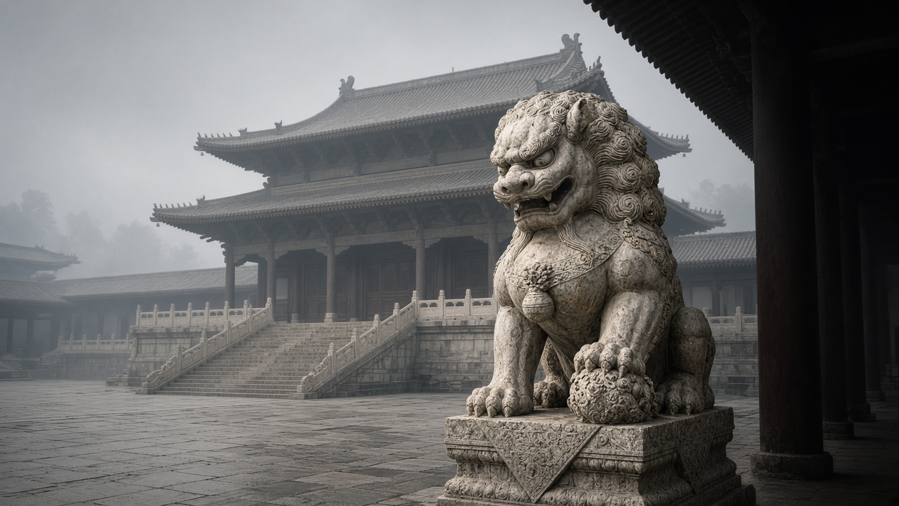 A golden lion at a palace gate, cool stone light.