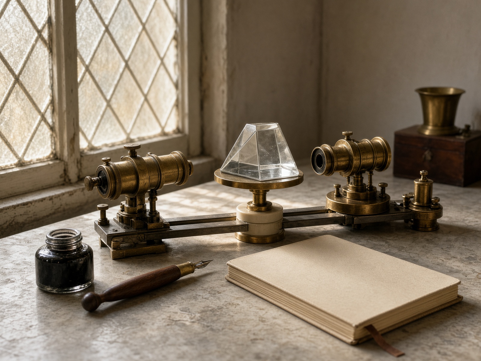A brass optical bench, a prism, a notebook, window light.