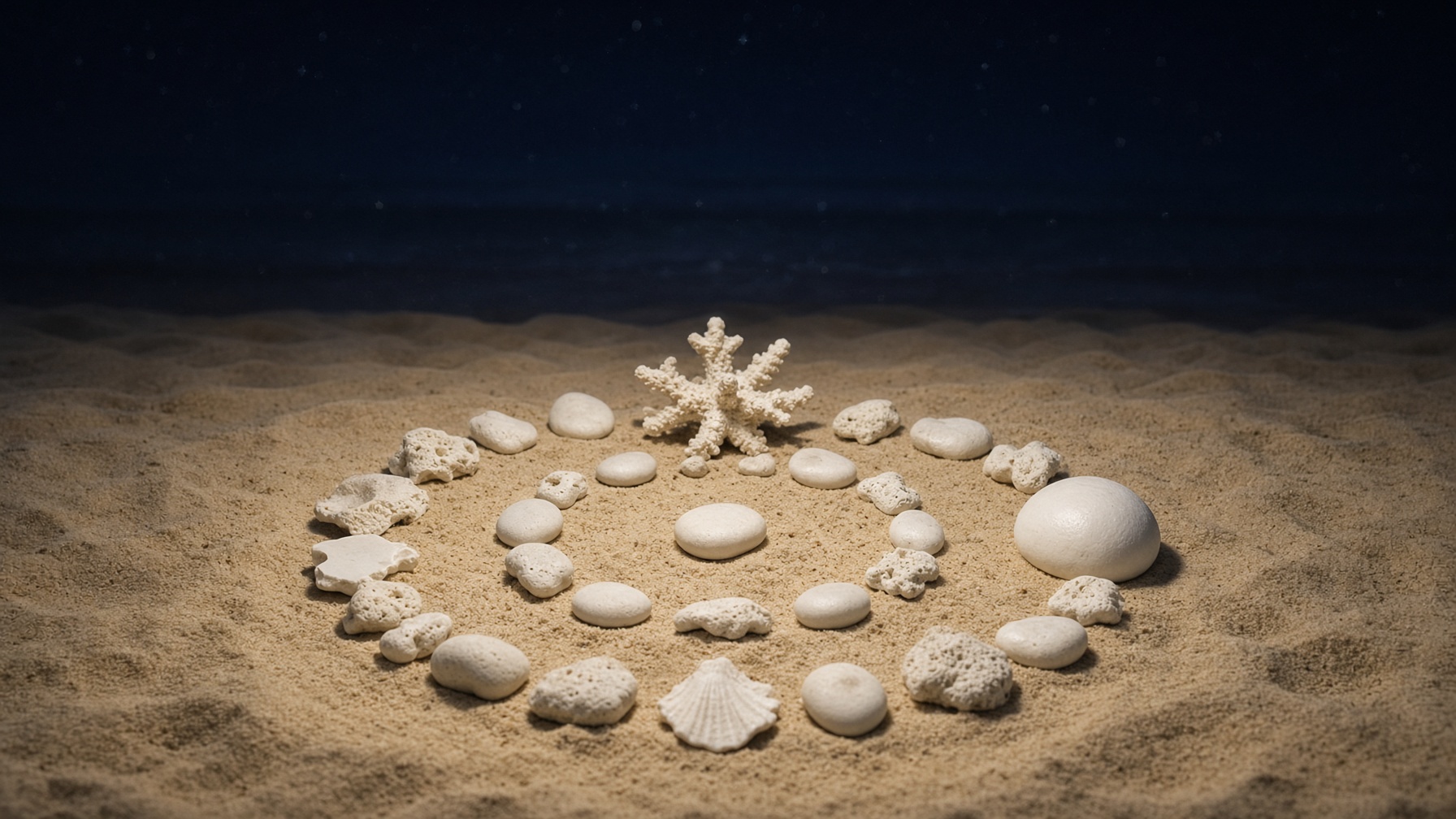 Coral pebbles arranged in a circle on night sand, a teaching compass without writing.