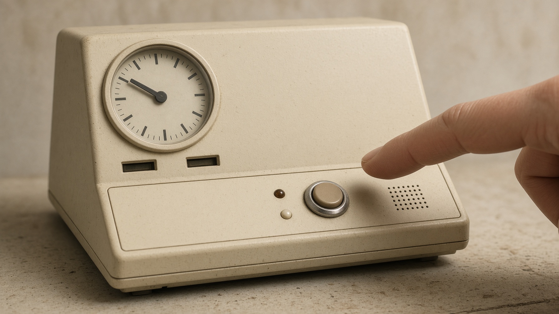 A laboratory clock and a finger above a button not yet pressed.