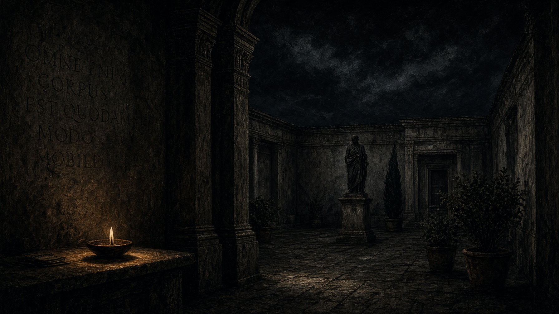 A night courtyard, one oil lamp, no portrait.