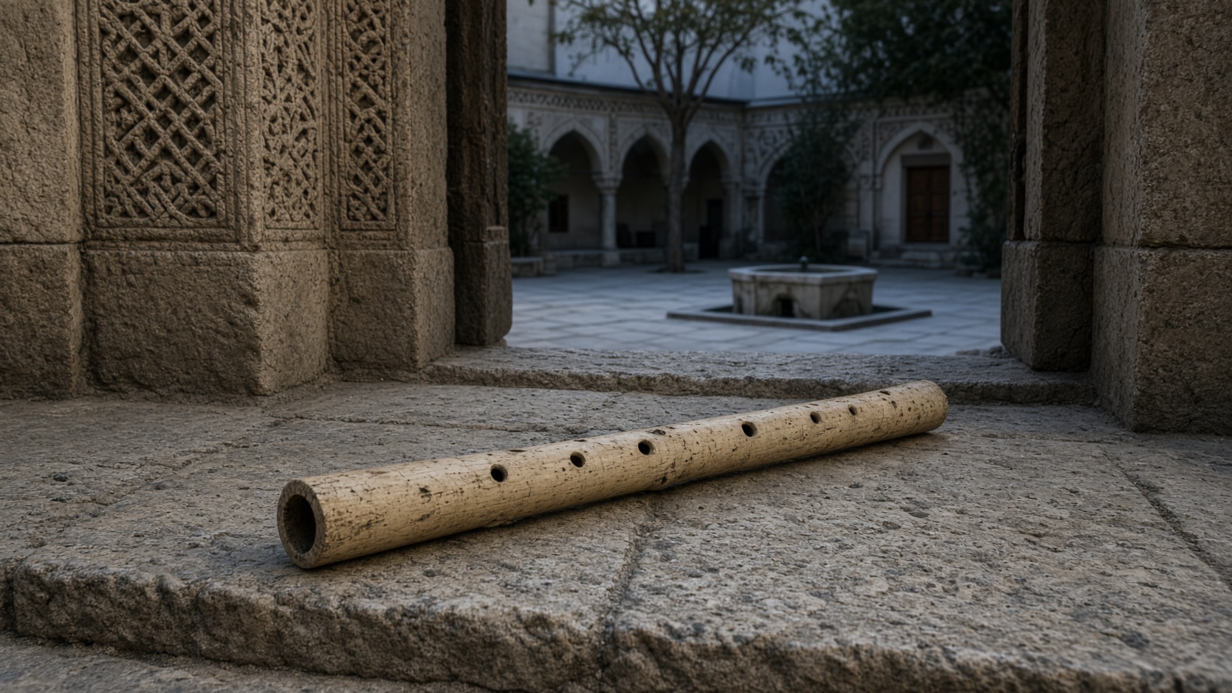 A reed flute on a stone threshold, a courtyard beyond.