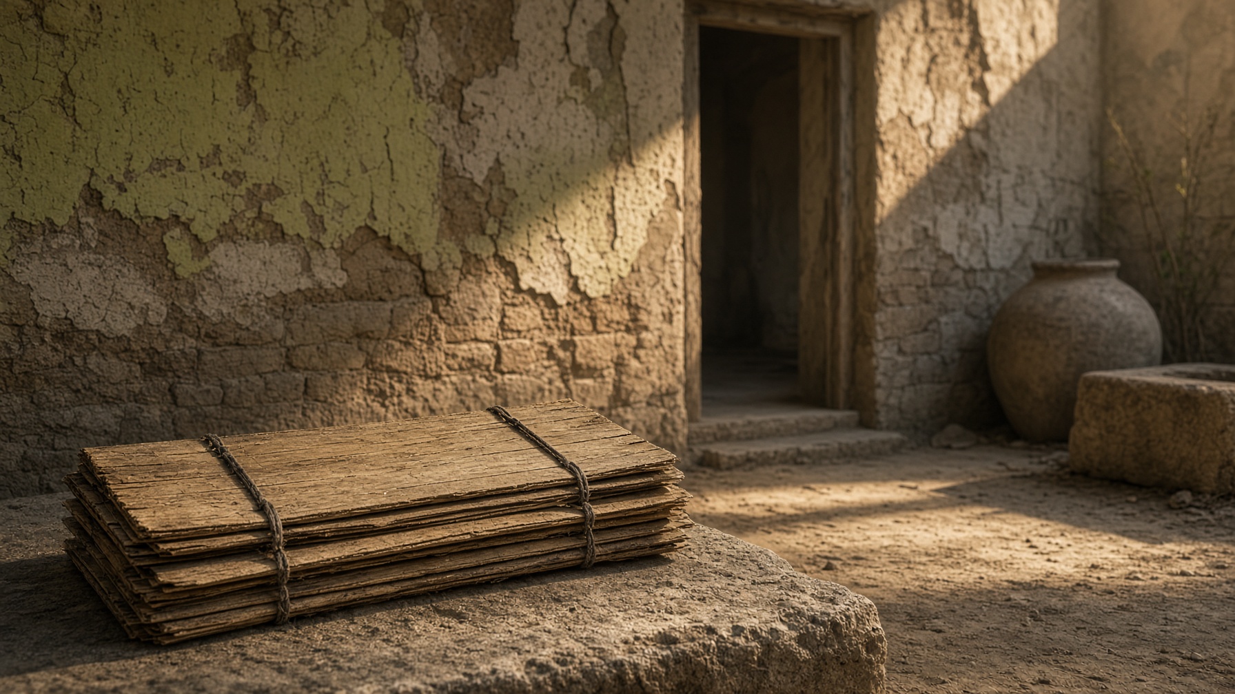 A courtyard wall, an empty doorway, a manuscript on a low table. No cosmic diagram.