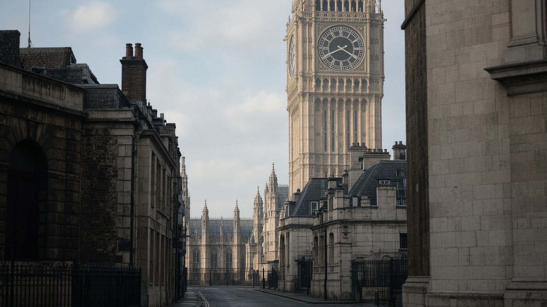 A Westminster clock face in pale morning stone, the street empty of faces.