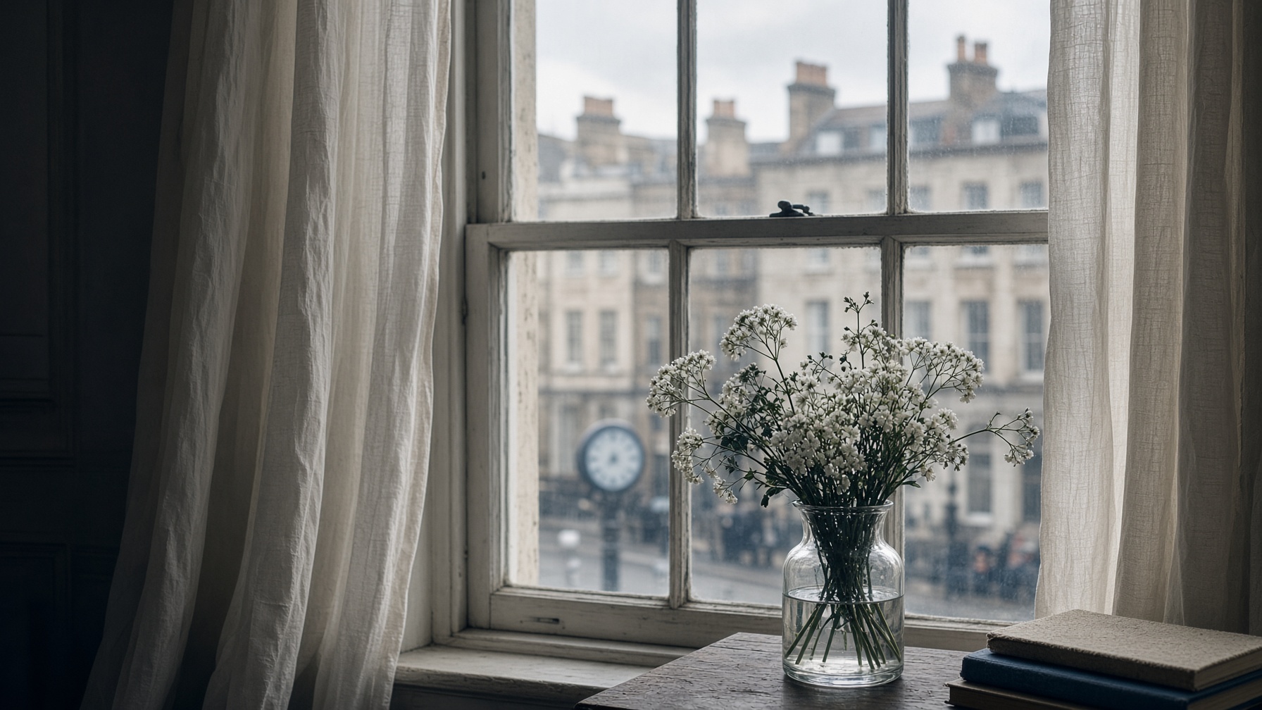 A tall London sash window, white flowers in a glass, a clock blurred in the street.